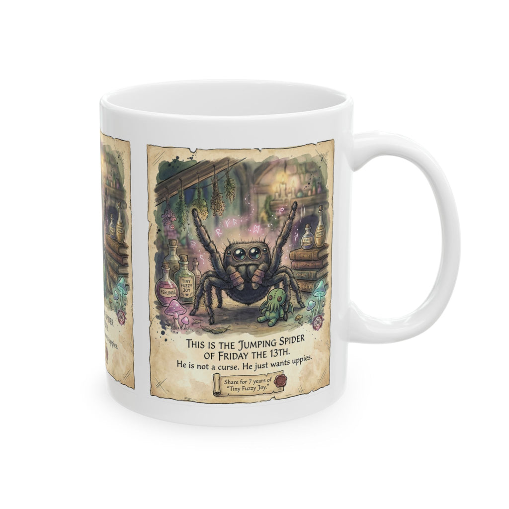 "Tiny Fuzzy Joy" Mug - Whimsical Witchy Art Coffee Cup for Friday the 13th & Arachnid Lovers
