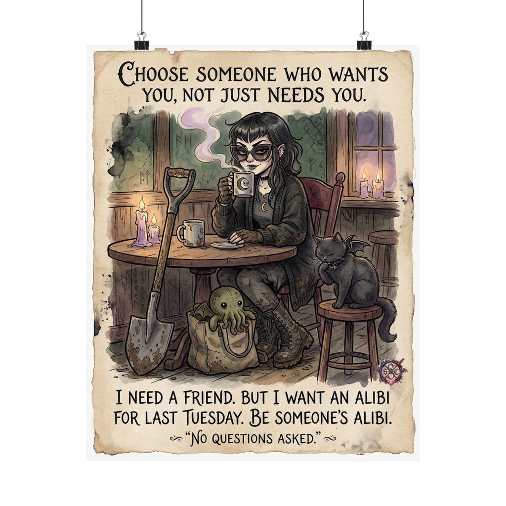 "Be Someone's Alibi" Witchy Matte Paper Poster for Dark Humor Home Decor