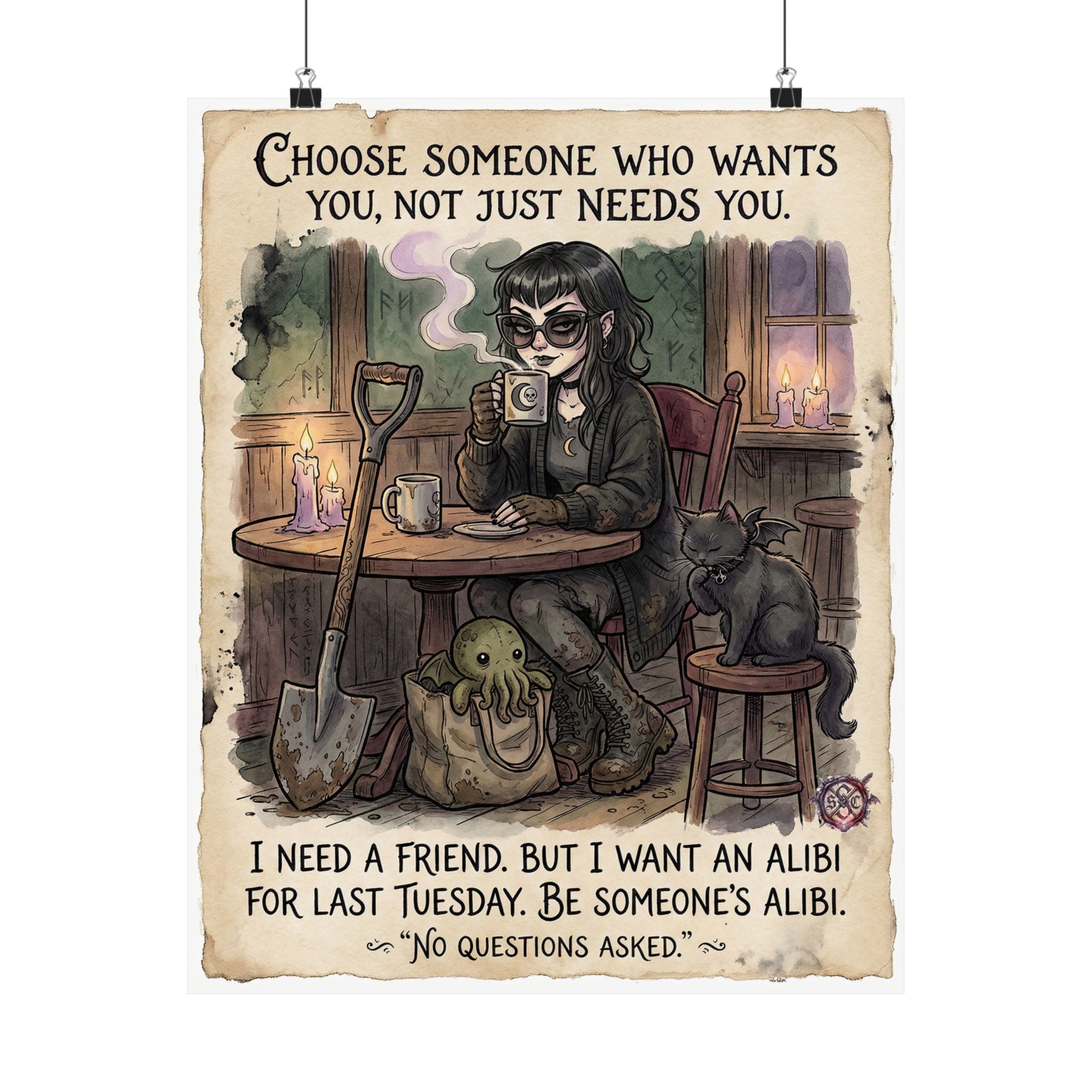 "Be Someone's Alibi" Witchy Matte Paper Poster for Dark Humor Home Decor