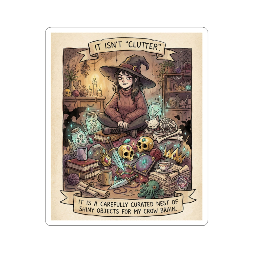 "Crow Brain" Funny Witch Sticker - Hoarding Humor Vinyl Decal & Maximalist Gift