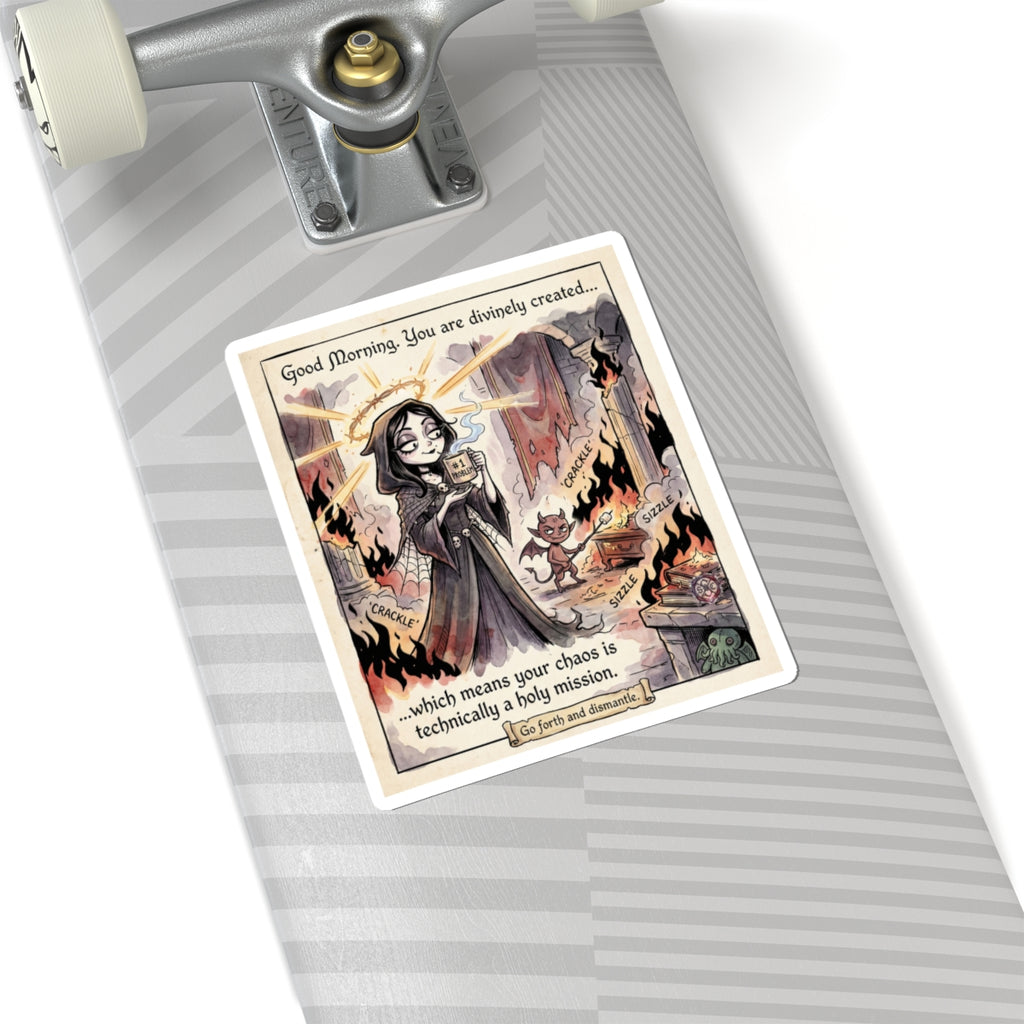 "Divine Chaos" Funny Goth Sticker - Religious Humor Vinyl Decal & Anti-Hero Gift