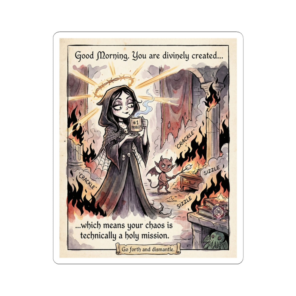 "Divine Chaos" Funny Goth Sticker - Religious Humor Vinyl Decal & Anti-Hero Gift