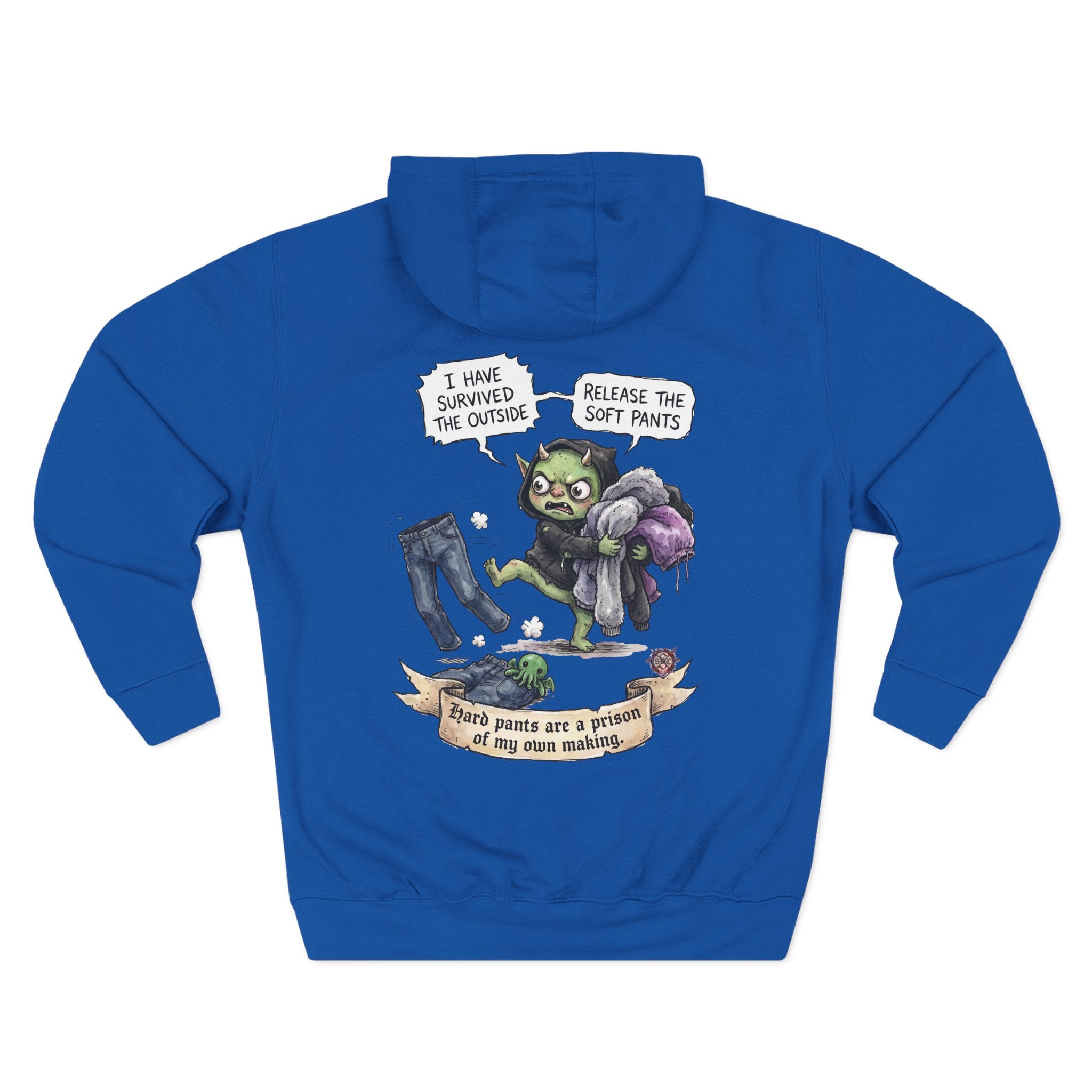 "Soft Pants" Comfortable Fleece Hoodie - Whimsical Goblin Graphic Print & Ultra-Soft Kangaroo Pocket