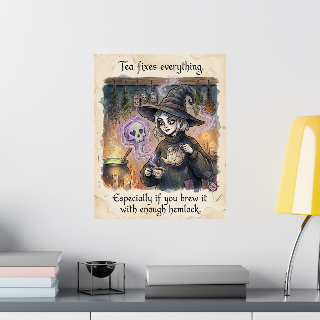 "Tea Fixes Everything" Witchy Matte Paper Poster for Dark Humor Home Decor