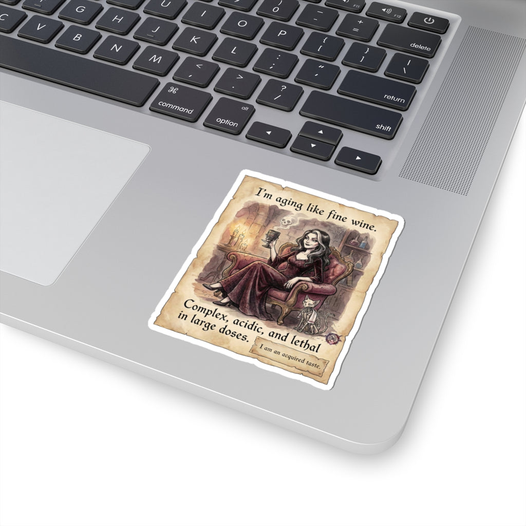 "Aging Like Fine Wine" Funny Gothic Sticker - Dark Humor Vinyl Decal & Witchy Gift