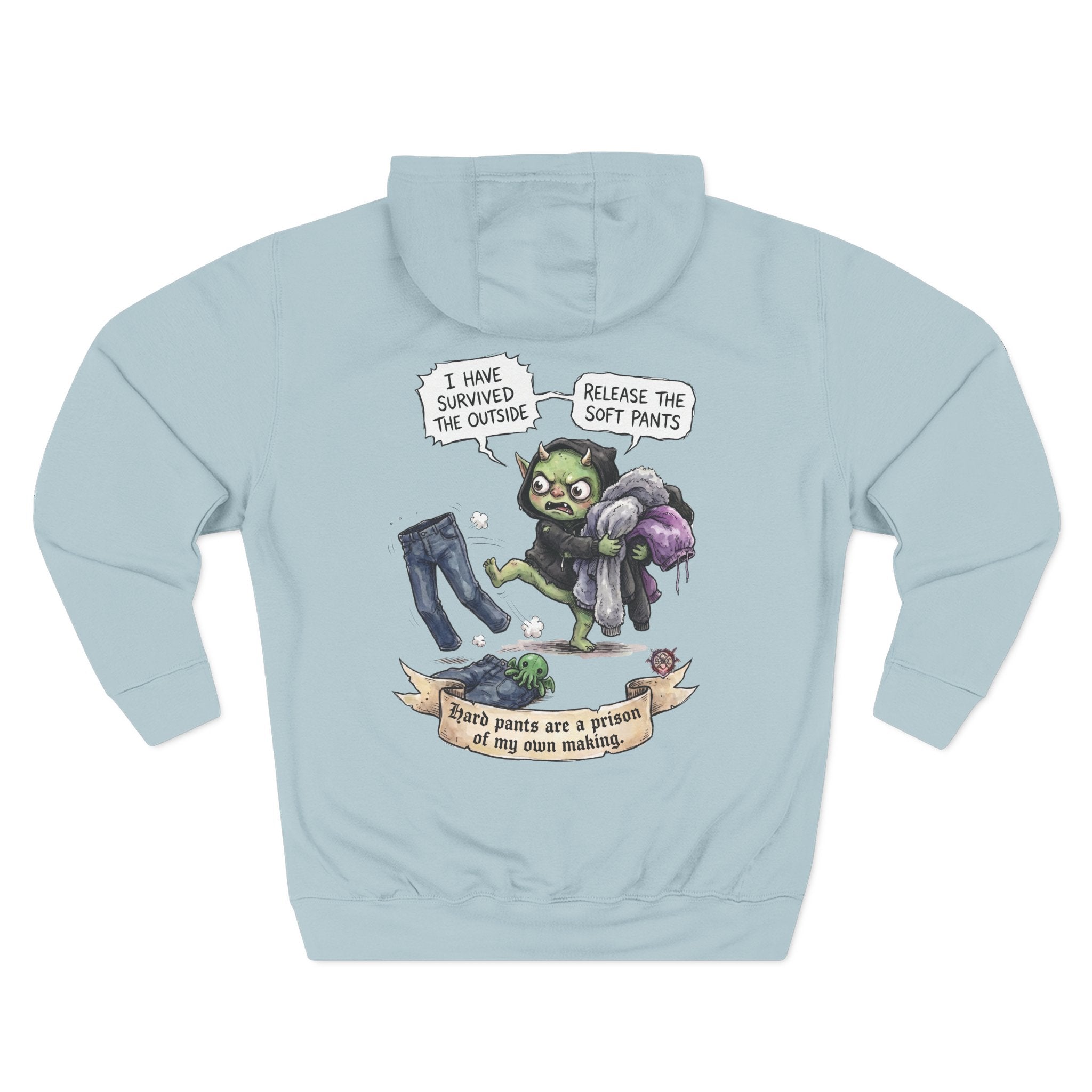 "Soft Pants" Comfortable Fleece Hoodie - Whimsical Goblin Graphic Print & Ultra-Soft Kangaroo Pocket