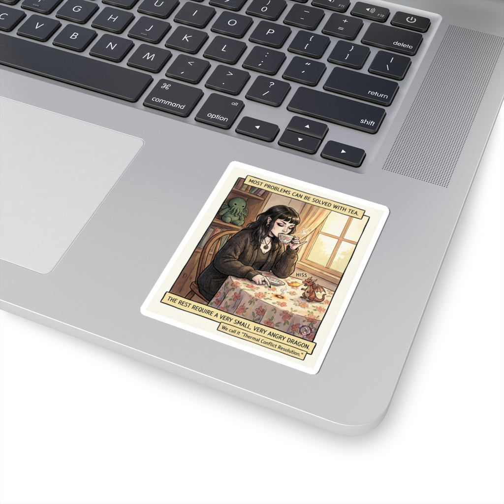 "Thermal Conflict Resolution" Funny Dragon Sticker - Tea Lover Vinyl Decal & Fantasy Gift
