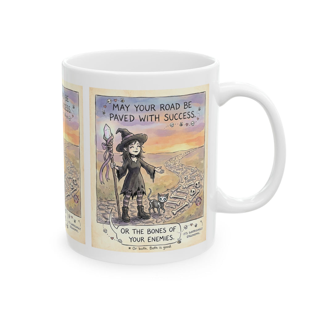"Road Paved With Bones" Funny Witch Mug - Dark Humor Success Quote & Necromancer Gift