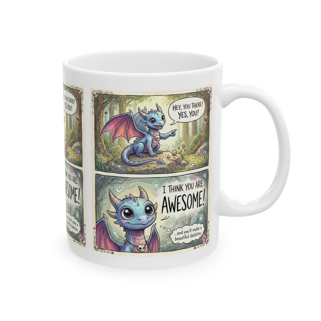 "Beautiful Skeleton" Whimsical Dark Humor Mug  - Dragon Comic Ceramic Coffee Cup for Goth Aesthetics