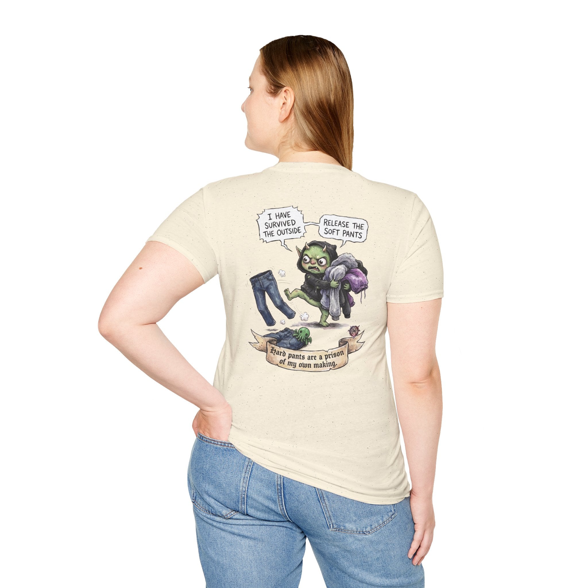 "Soft Pants" Funny Whimsical Graphic Tee - Comfort-First Cotton T-Shirt & High-Quality Back Print