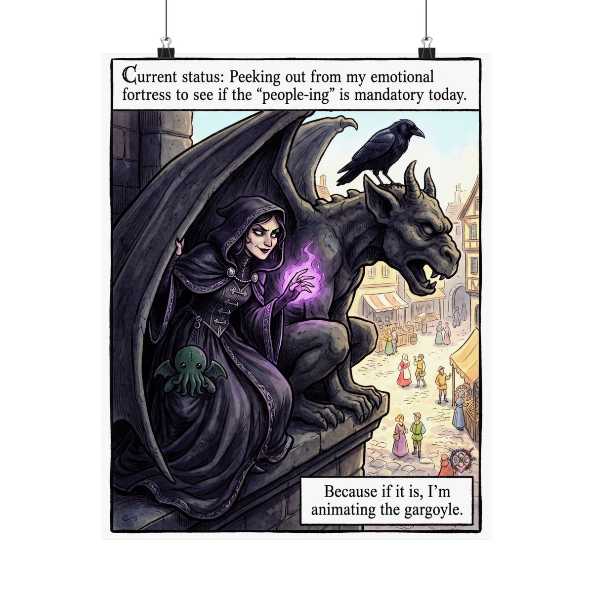 Funny "Emotional Fortress" Gargoyle Matte Poster - Dark Humor Home Decor & Archival Quality Print